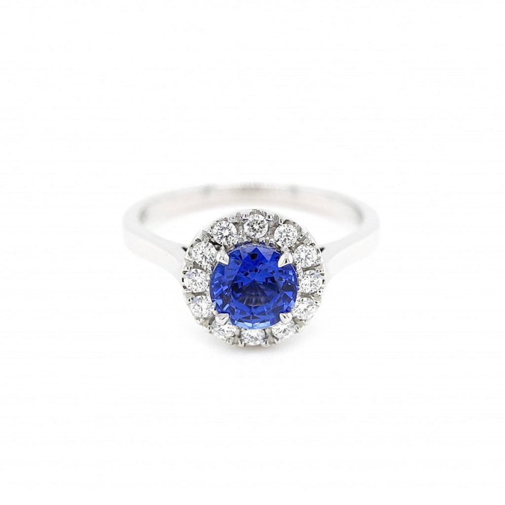 Platinum Sapphire And Diamond Halo Ring Baldwin Jewellery 3696