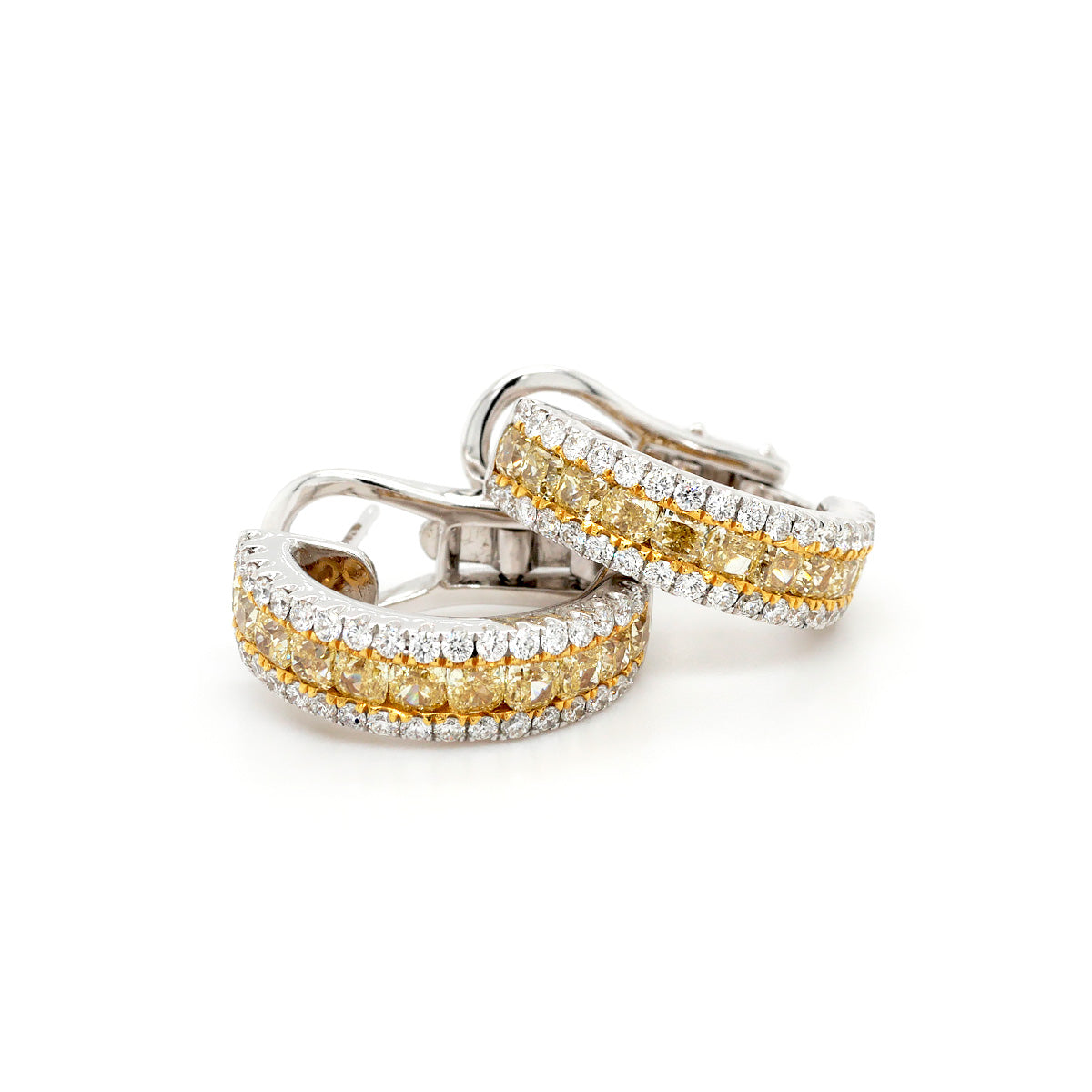 18ct White Gold Cushion Cut Yellow Diamond and Round Diamond 3-Row Hoop Earrings, Yellow Diamond 1.73ct, G/H, SI, Total 0.64ct