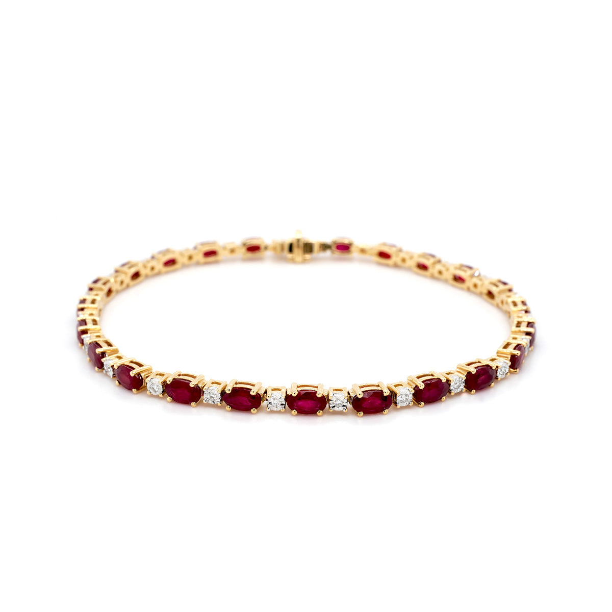 18ct Yellow Gold Claw Set Oval Ruby and White Gold Illusion Set Diamond Line Bracelet, 7.11ct Rubies, 0.14ct Diamonds G/H SI