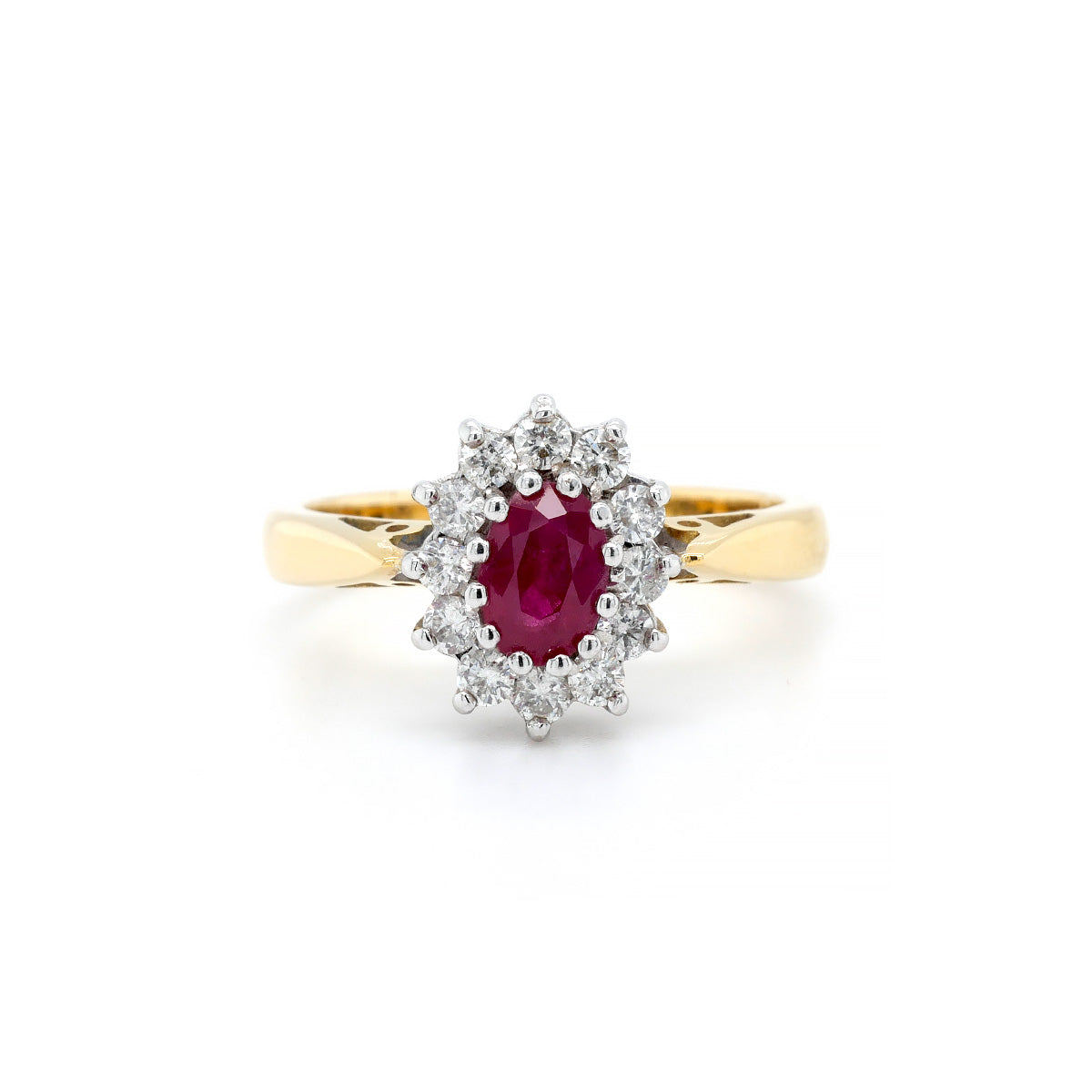 18ct Yellow Gold Oval Ruby & Diamond Cluster Ring - Size M 1/2