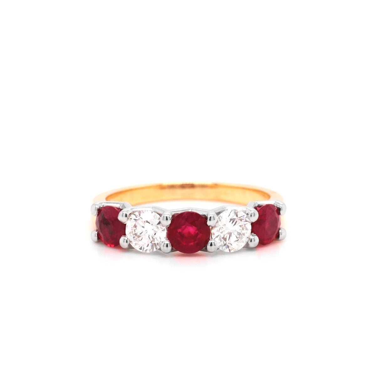 18ct Yellow Gold & White Gold Claw Ruby & Diamond 5 Stone Ring - Size P