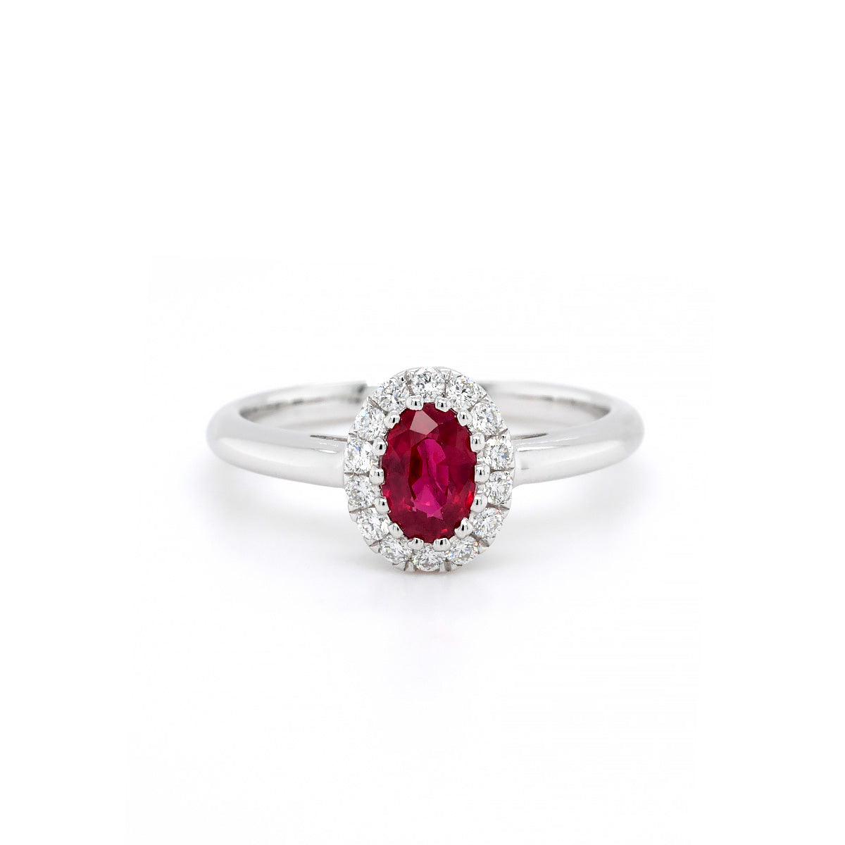 18ct White Gold Ruby Ring with Diamond Halo