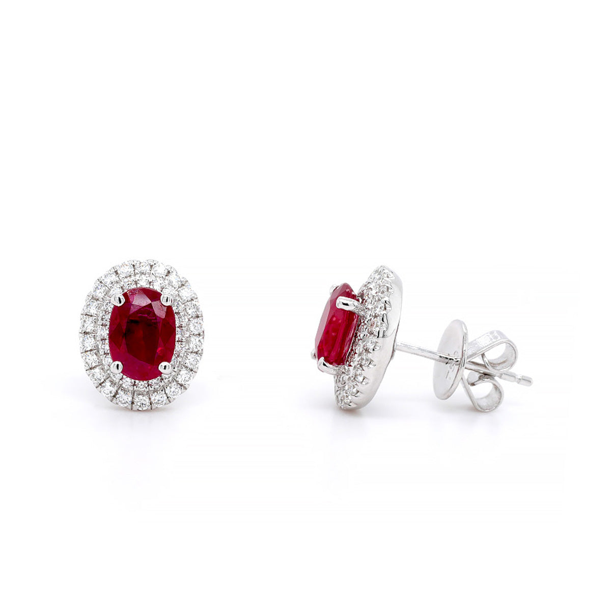 18ct White Gold Ruby and Diamond Cluster Halo Earrings