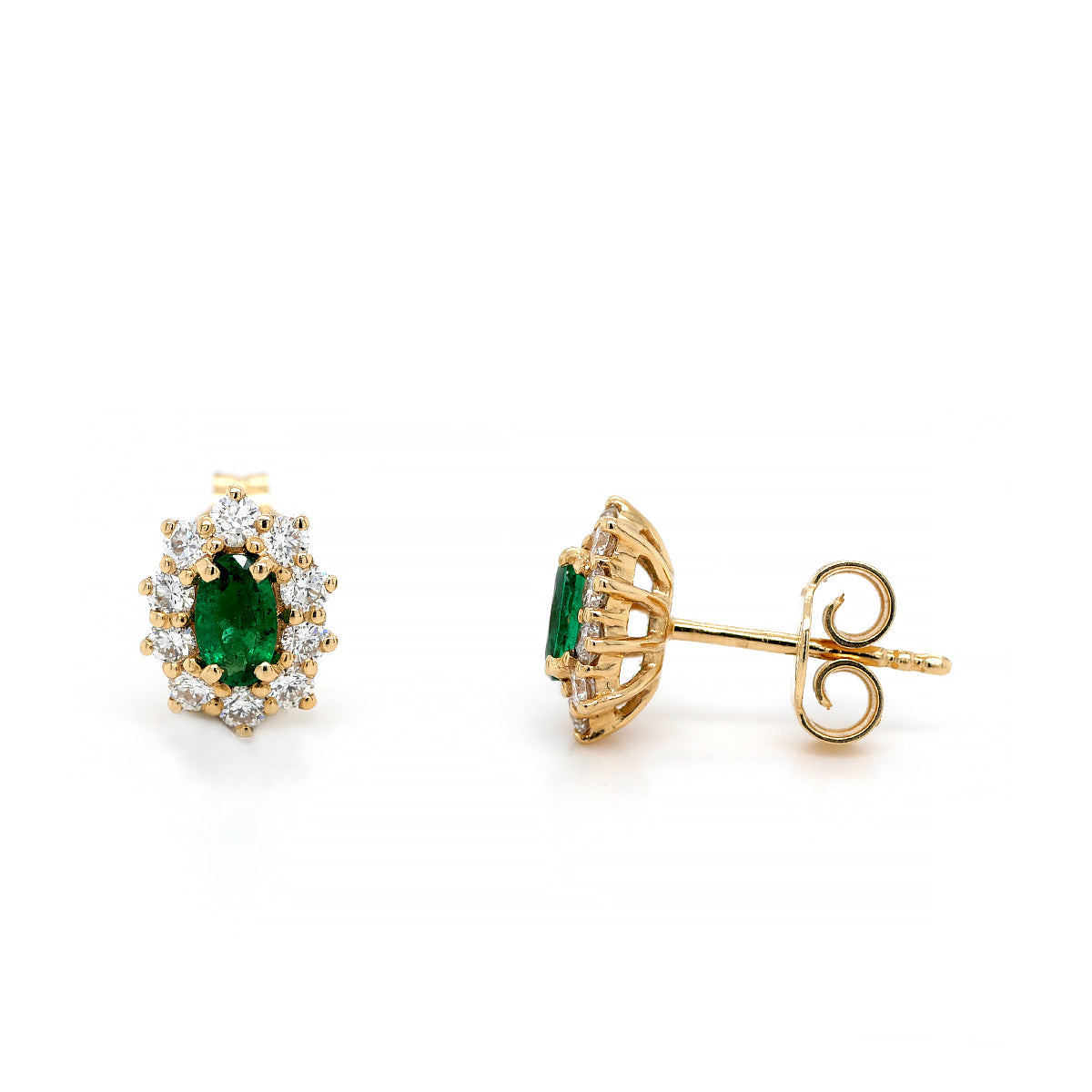 18ct Yellow Gold Oval Emerald Earring Studs with Diamond Halo