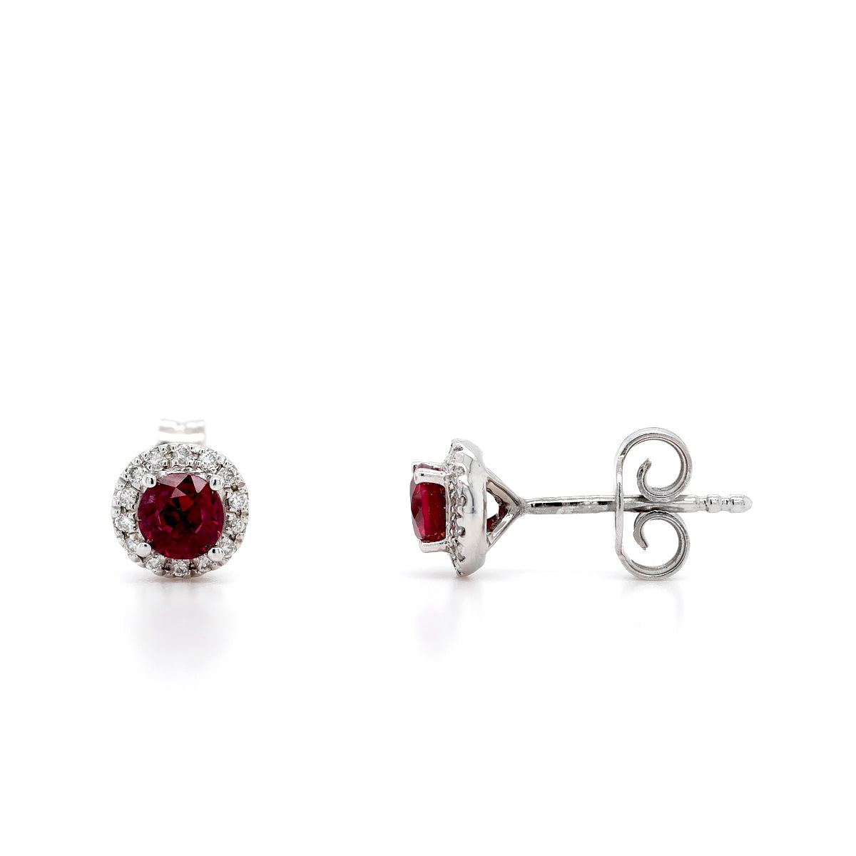 18ct White Gold Round Ruby Earring Studs with Diamond Halo