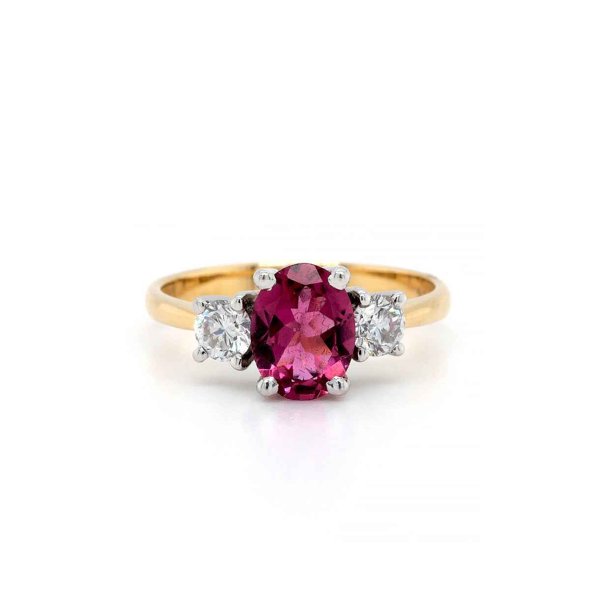 18ct Yellow Gold 1.08ct Pink Tourmaline & 0.40ct Diamond 3 Stone Ring - Size N