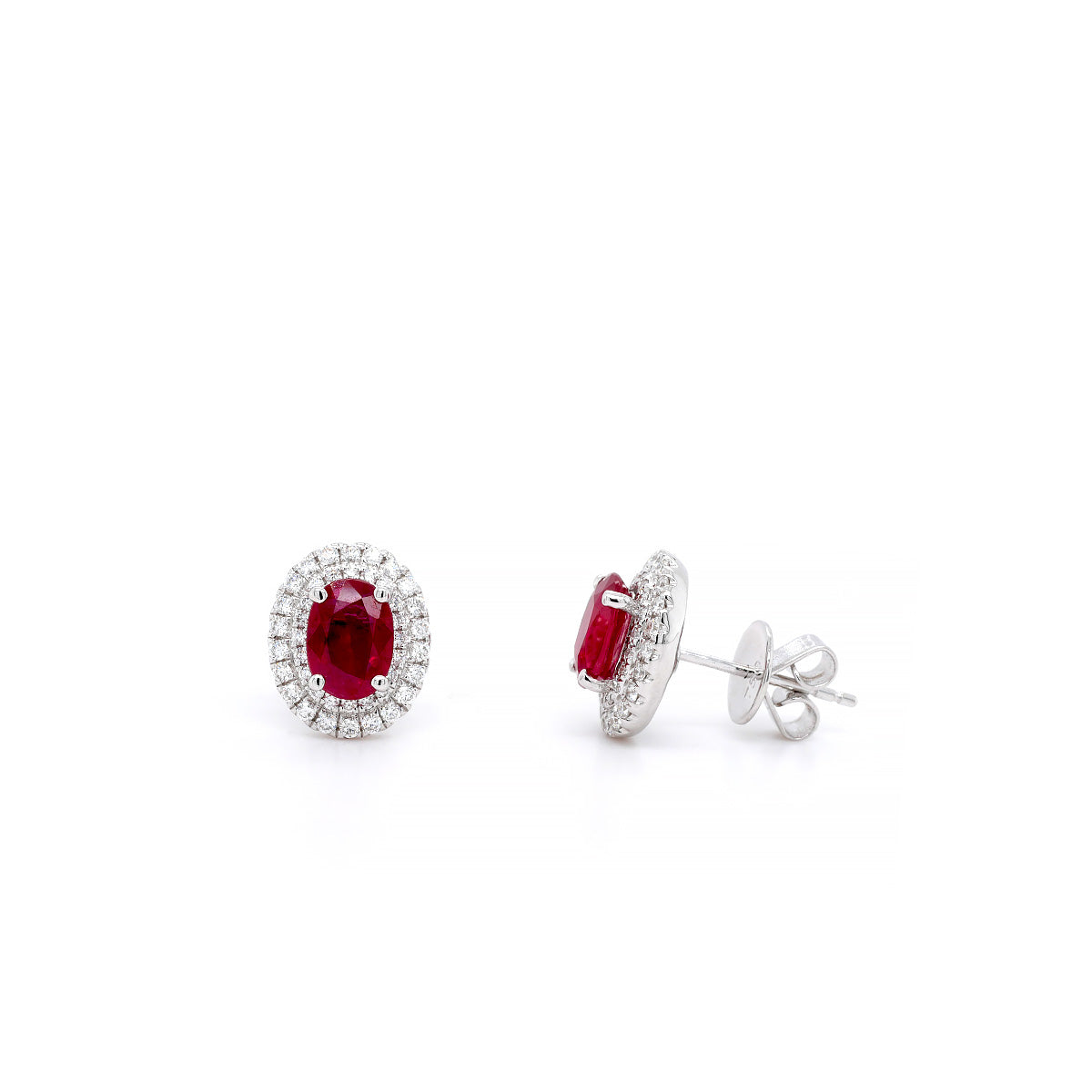 18ct White Gold Ruby and Diamond Cluster Halo Earrings