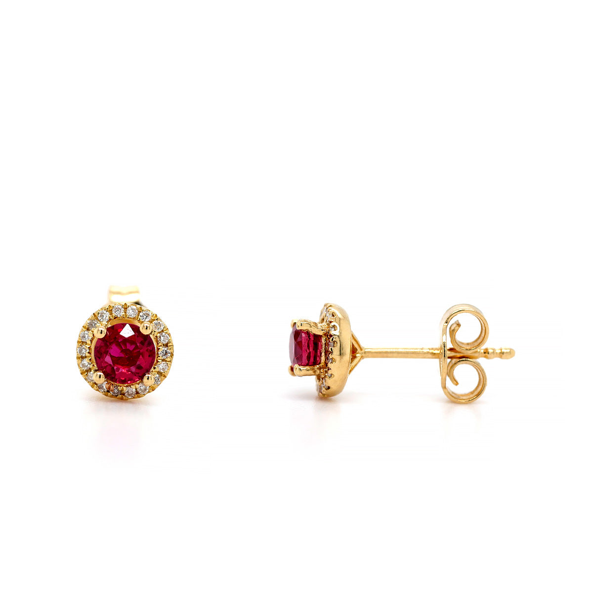 18ct Yellow Gold Round Ruby Earring Studs with Diamond Halo