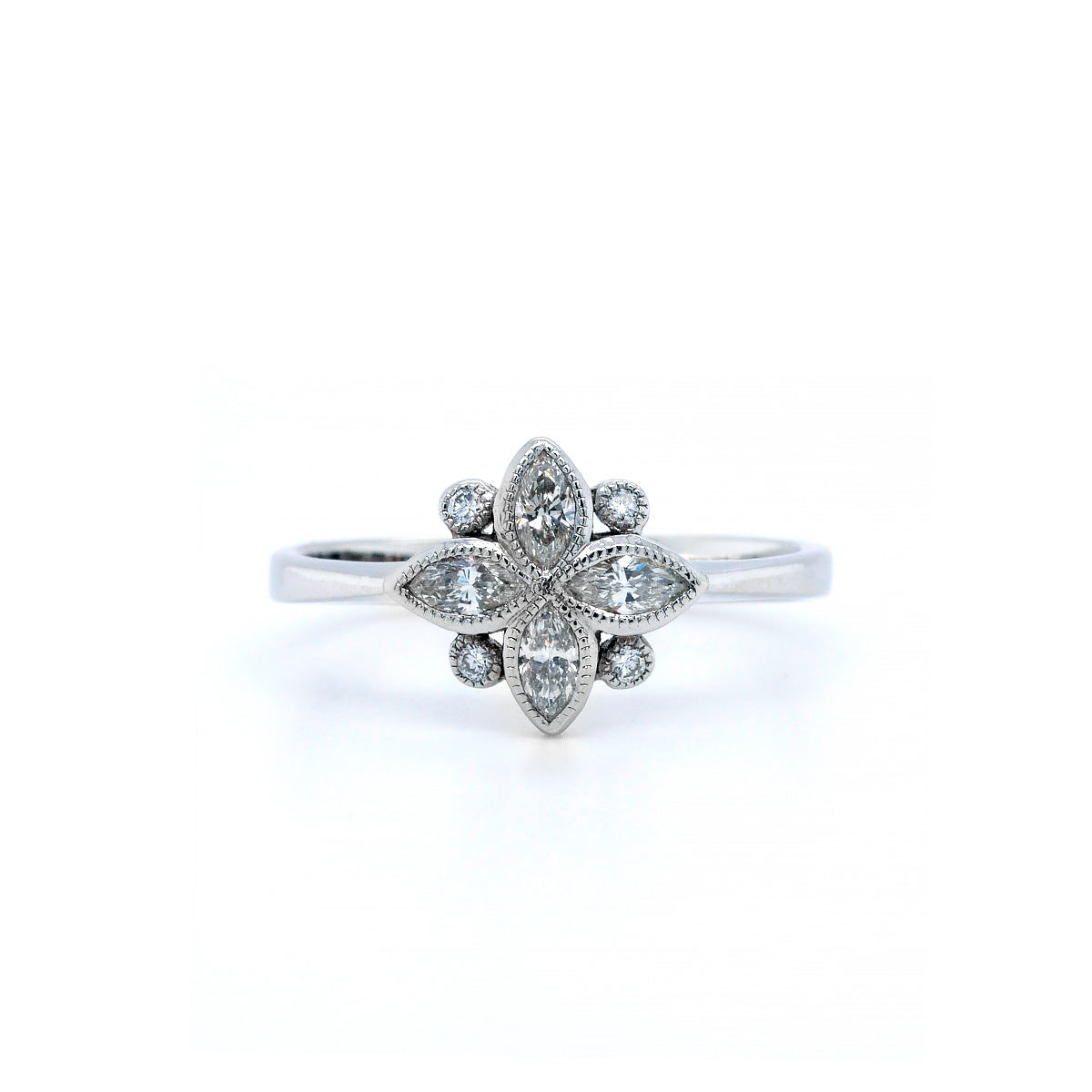 18ct White Gold Marquise Diamond Flower Cluster Ring